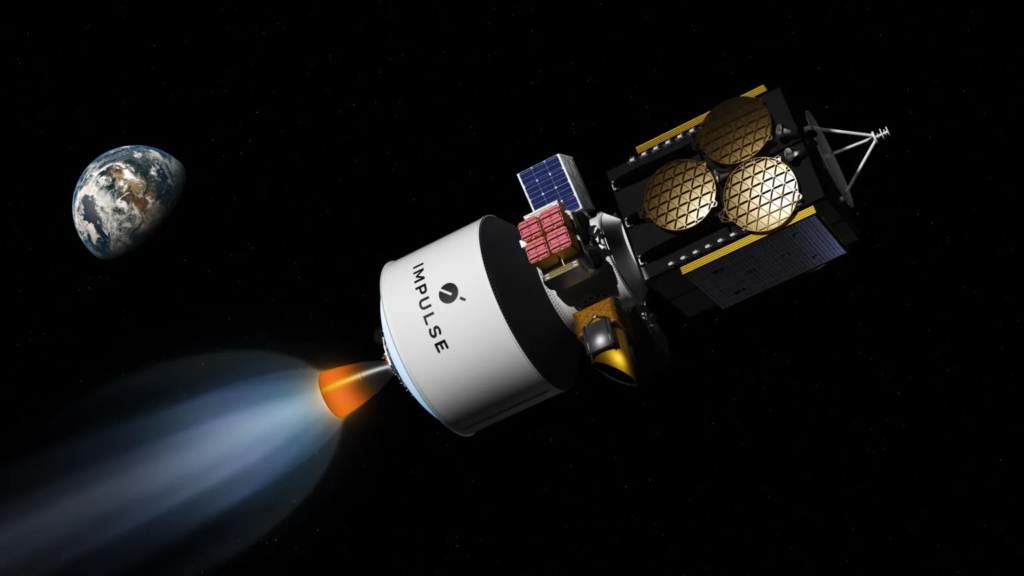 Orbital transfer vehicle moving a satellite toward a higher orbit.