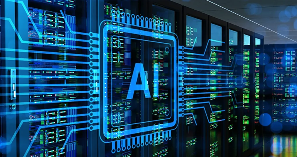 Modern data center with AI servers and cooling systems

