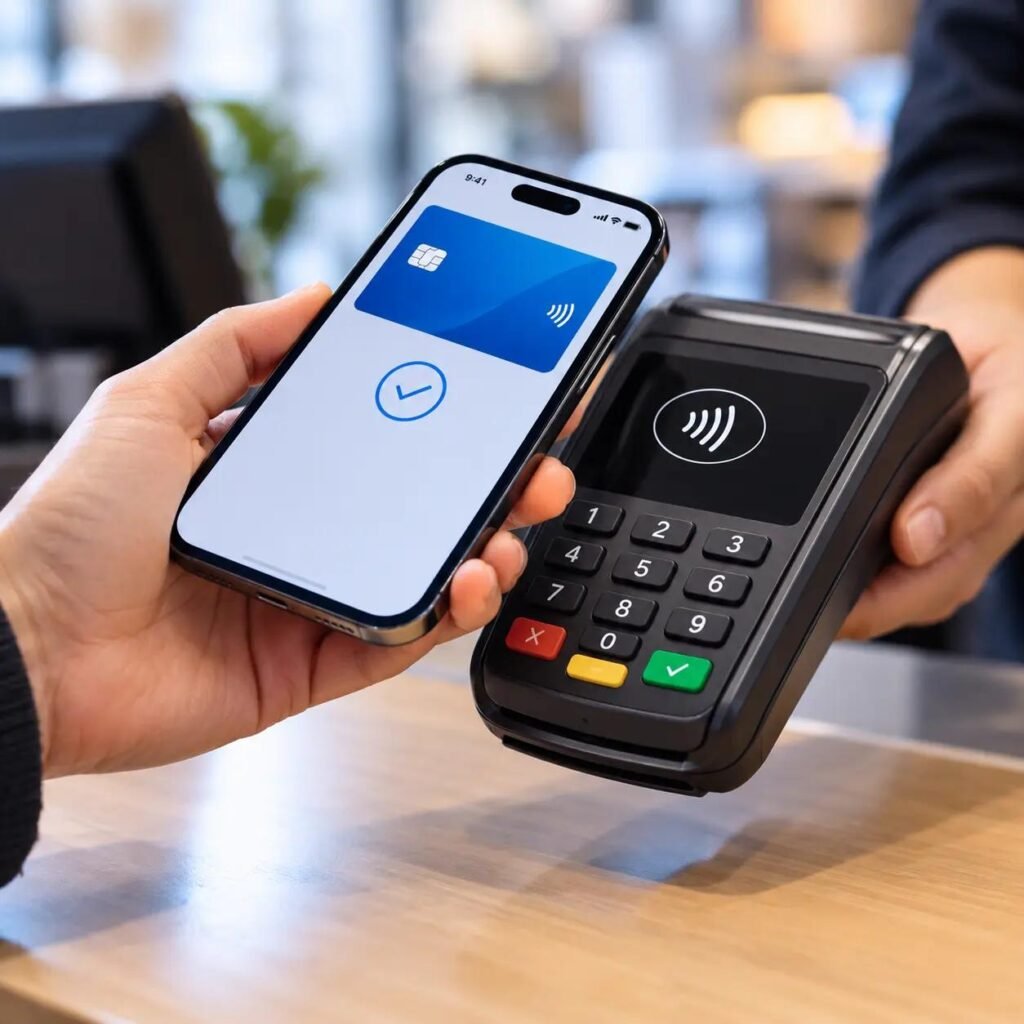 Smartphone contactless payment amid debate over iPhone NFC access.