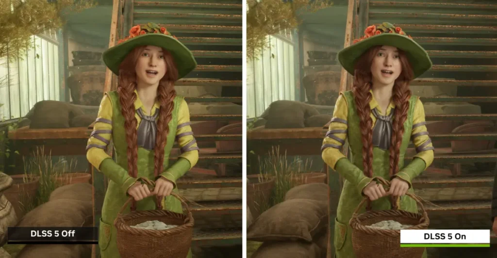 Hogwarts Legacy gameplay illustrating NVIDIA DLSS 5 lighting improvements.