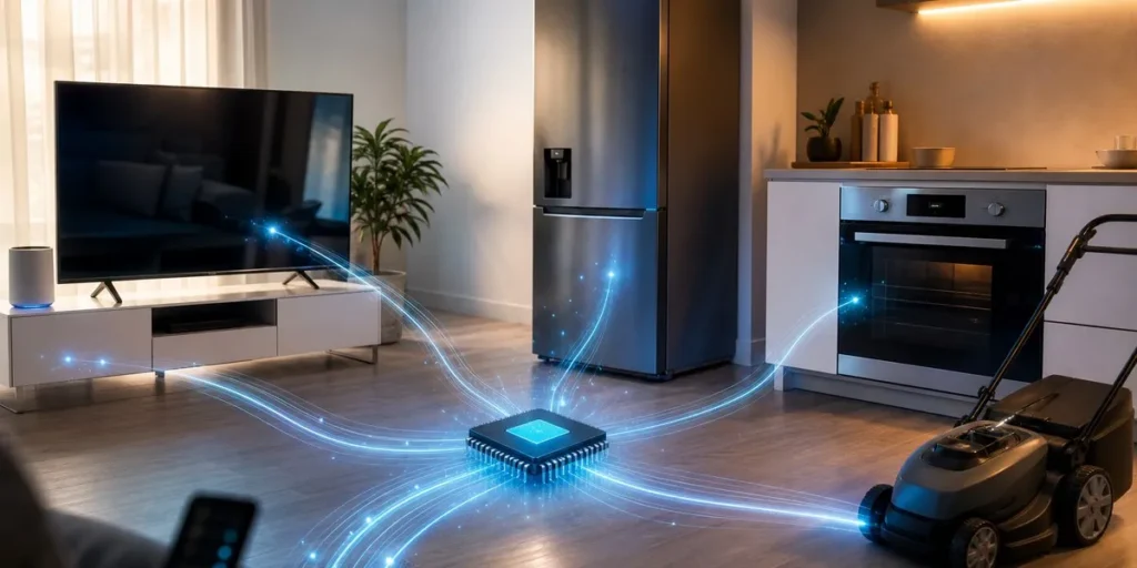 Illustration of AI-driven cybersecurity threats affecting internet-connected smart home devices