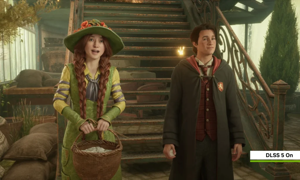 Hogwarts Legacy gameplay illustrating NVIDIA DLSS 5 lighting improvements.