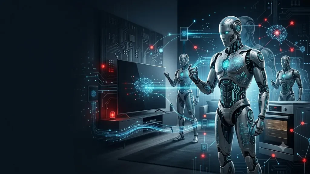 Illustration of AI-driven cybersecurity threats affecting internet-connected smart home devices
